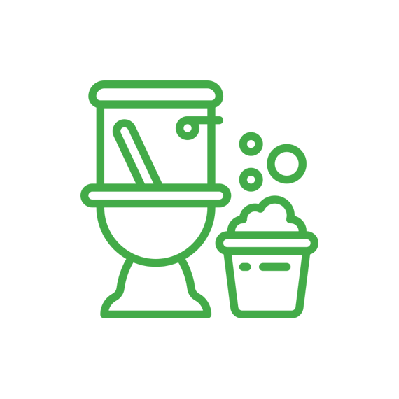 Green line drawing of a toilet with a brush inside and a bucket filled with soapy water, symbolizing janitorial service and restroom sanitation.